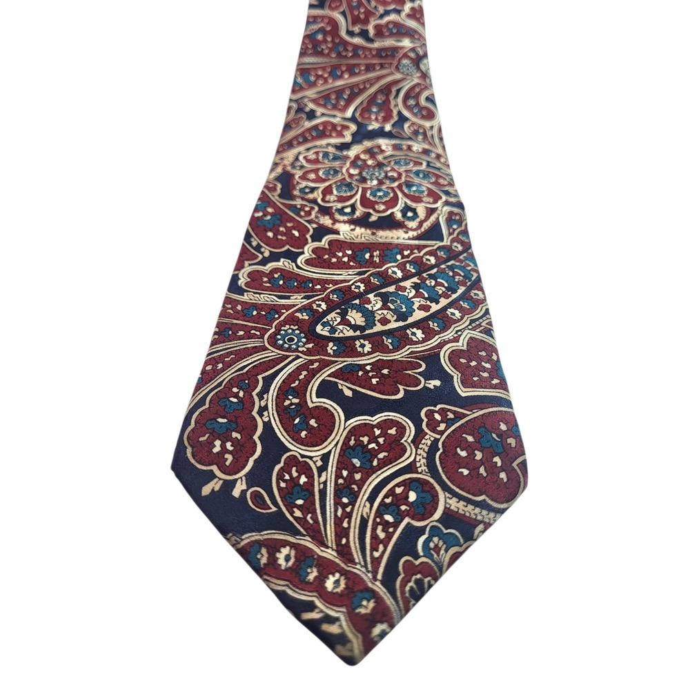 Silk Necktie Paisley Pattern Burgundy Blue Made in USA